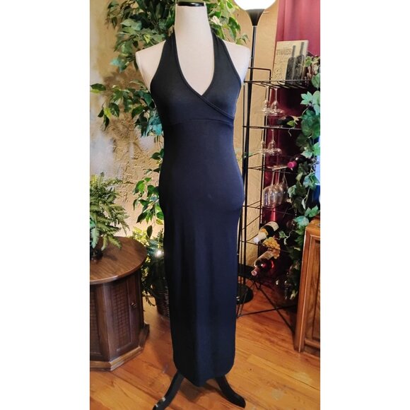 Black Halter Maxi Dress By Evolution With Side Slit  Stretch Fit  Size Medium - Picture 1 of 6